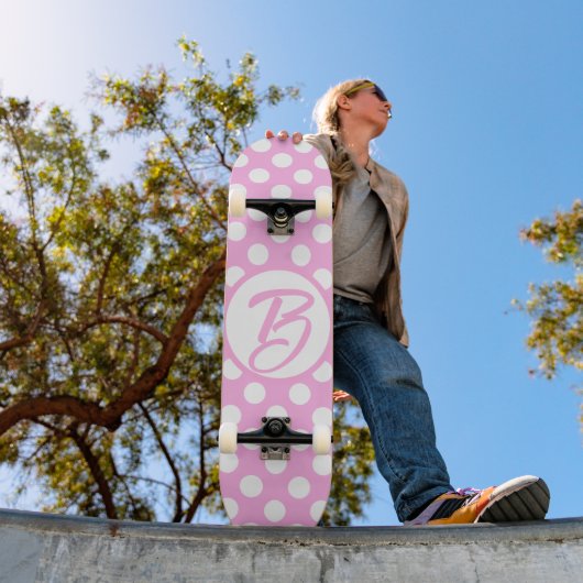 roze en witte retropolka-stippen, monogrammen persoonlijk skateboard (Buiten 1)