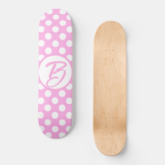 roze en witte retropolka-stippen, monogrammen persoonlijk skateboard (Voorkant)