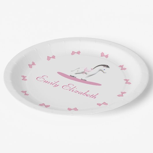 Roze en witte Rocking Horse Papieren Bordje (Gekanteld)