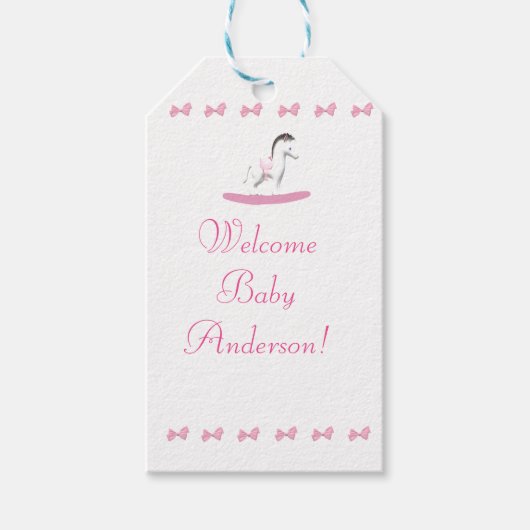 Roze en witte Rocking Horse Theme Gift Label Cadeaulabel (Voorkant)