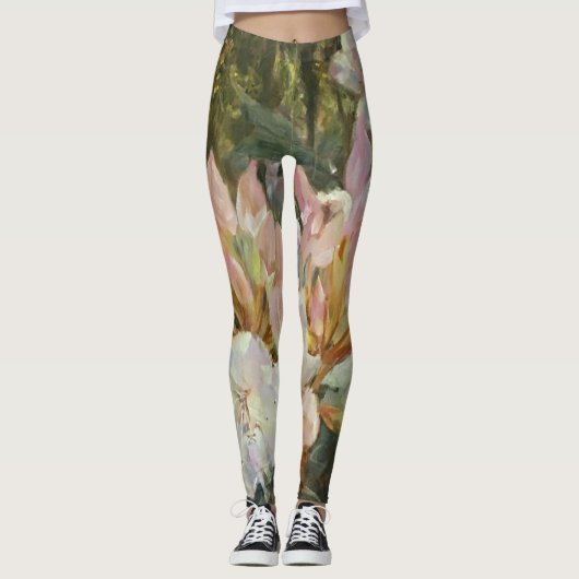 Roze en witte roodendrons Deep Green Foliage Leggings (Voorkant)