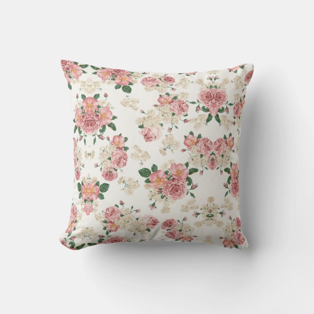Roze en witte  Roos Patroonbuis Kussen (Voorkant)