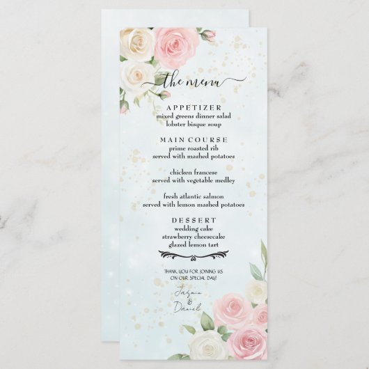 Roze en Witte Rose Blooms Wedding Menu (Voorkant / Achterkant)
