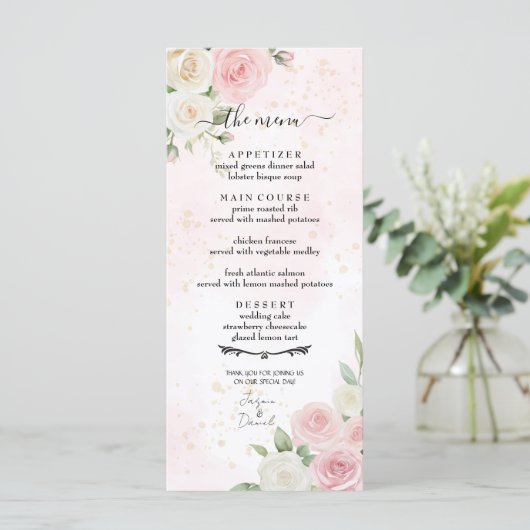 Roze en Witte Rose Blooms Wedding Menu (Staand voorkant)