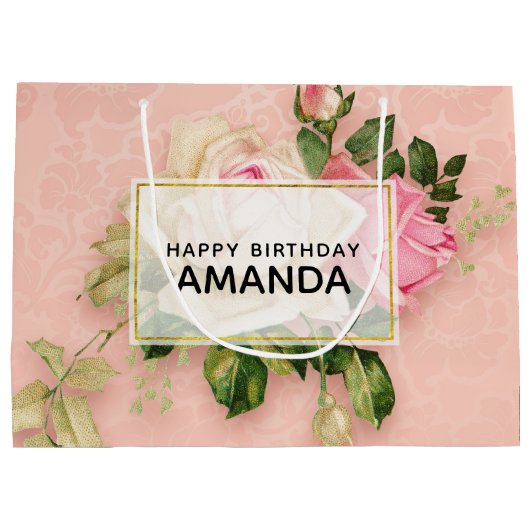 Roze en witte Rose Bouquet Birthday Groot Cadeauzakje (Achterkant)