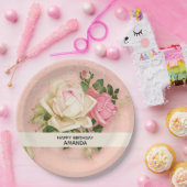 Roze en witte Rose Bouquet Birthday Papieren Bordje (Feest)