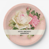 Roze en witte Rose Bouquet Birthday Papieren Bordje (Voorkant)