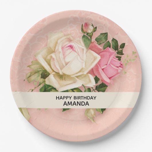 Roze en witte Rose Bouquet Birthday Papieren Bordje (Voorkant)