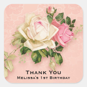 Roze en witte Rose Bouquet Birthday Square Sticker