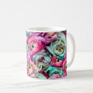 Roze en witte roze en pony bloemen koffiemok