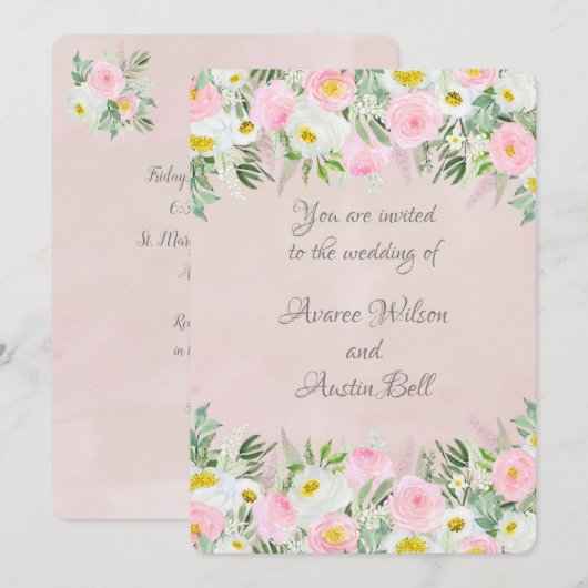 Roze en witte rozen bruiloft kaart (Voorkant / Achterkant)