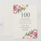 Roze en witte rozen Floral 100th Birthday Invite Kaart (Voorkant / Achterkant)