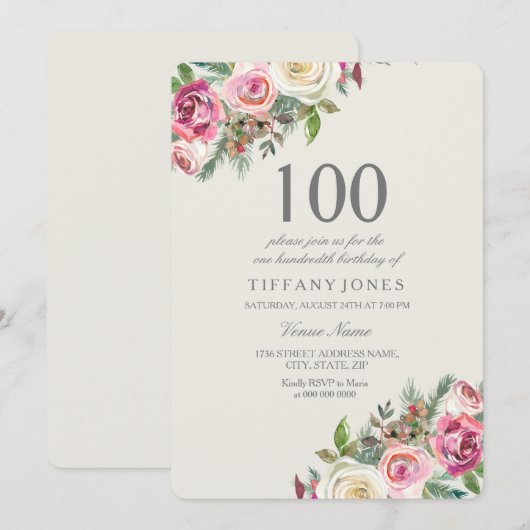 Roze en witte rozen Floral 100th Birthday Invite Kaart (Voorkant / Achterkant)