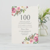 Roze en witte rozen Floral 100th Birthday Invite Kaart (Staand voorkant)