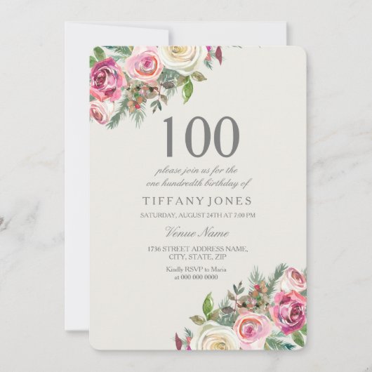 Roze en witte rozen Floral 100th Birthday Invite Kaart (Voorkant)