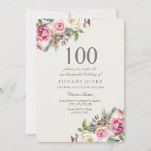 Roze en witte rozen Floral 100th Birthday Invite Kaart