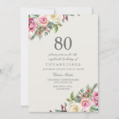 Roze en witte rozen Floral 80th Birthday Invite Kaart (Voorkant)