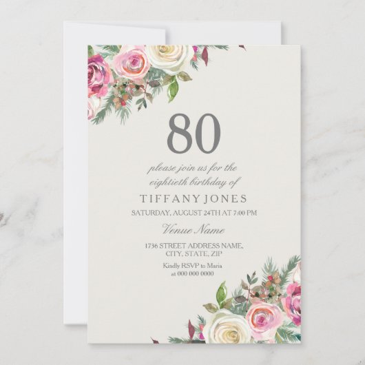Roze en witte rozen Floral 80th Birthday Invite Kaart (Voorkant)