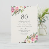 Roze en witte rozen Floral 80th Birthday Invite Kaart (Staand voorkant)