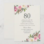 Roze en witte rozen Floral 80th Birthday Invite Kaart (Voorkant / Achterkant)