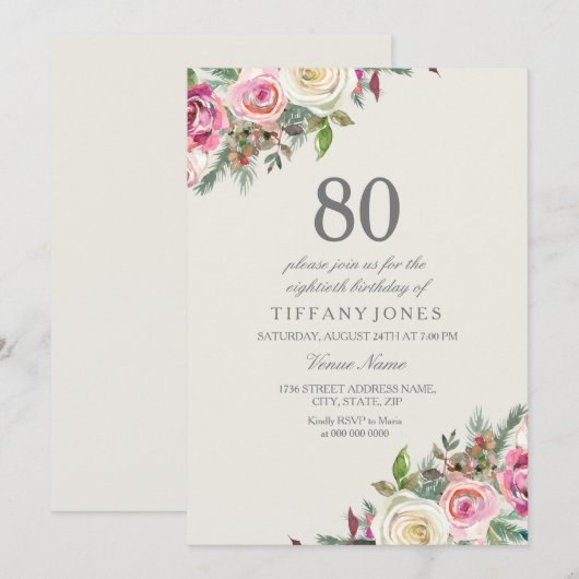 Roze en witte rozen Floral 80th Birthday Invite Kaart (Voorkant / Achterkant)
