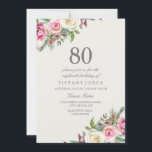 Roze en witte rozen Floral 80th Birthday Invite Kaart<br><div class="desc">Roze en witte rozen Floral 80th Birthday Nodig prachtig elegant floral waterverf design Volledig  / gepersonaliseerd</div>