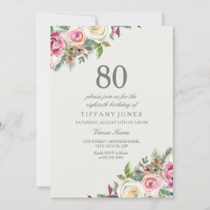 Roze en witte rozen Floral 80th Birthday Invite Kaart