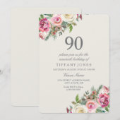 Roze en witte rozen Floral 90th Birthday Invite Kaart (Voorkant / Achterkant)