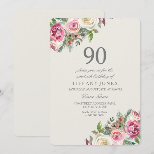 Roze en witte rozen Floral 90th Birthday Invite Kaart (Voorkant / Achterkant)