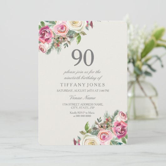 Roze en witte rozen Floral 90th Birthday Invite Kaart (Staand voorkant)