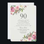Roze en witte rozen Floral 90th Birthday Invite Kaart<br><div class="desc">Roze en witte rozen Floral 90th Birthday Nodig prachtig elegant floral waterverf design Volledig  / gepersonaliseerd</div>