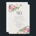 Roze en witte rozen Floral 90th Birthday Invite Kaart<br><div class="desc">Roze en witte rozen Floral 90th Birthday Nodig prachtig elegant floral waterverf design Volledig  / gepersonaliseerd</div>