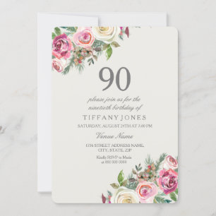 Roze en witte rozen Floral 90th Birthday Invite Kaart