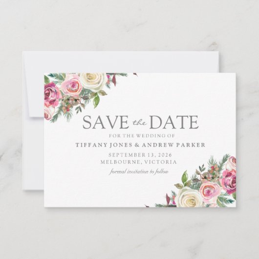 Roze en witte rozen Floral sparen de Datum Save The Date (Voorkant)