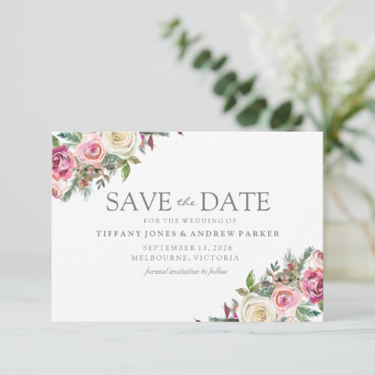 Roze en witte rozen Floral sparen de Datum Save The Date (Staand voorkant)