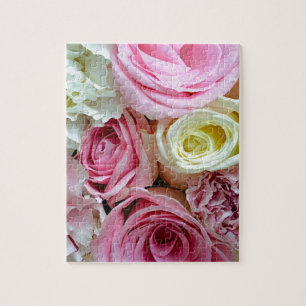 Roze en witte rozen florale bouquet legpuzzel