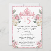 Roze en witte rozen Glitter Tiara Quinceañera Kaart (Voorkant)