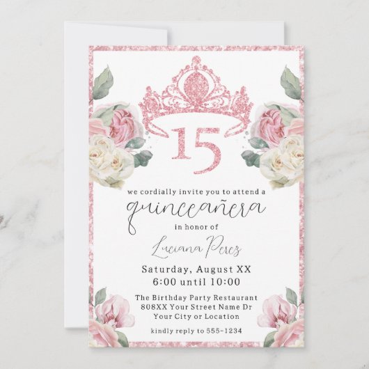 Roze en witte rozen Glitter Tiara Quinceañera Kaart (Voorkant)