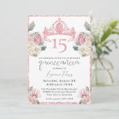 Roze en witte rozen Glitter Tiara Quinceañera Kaart (Staand voorkant)