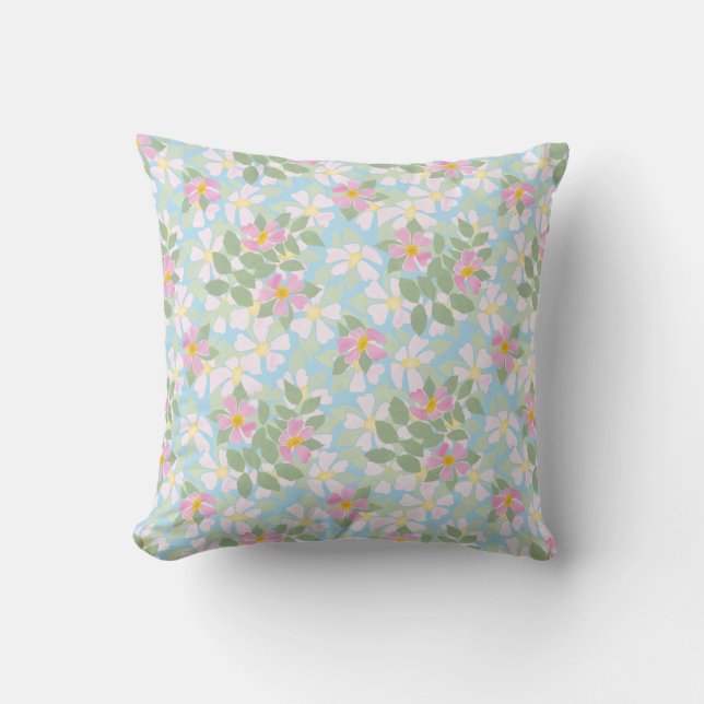 Roze en witte Rozen Patroon op Sky Blue Kussen (Voorkant)