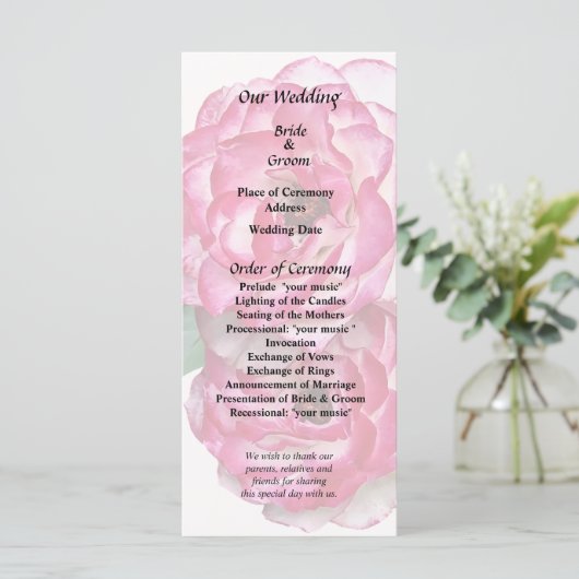 Roze en witte rozen programmakaart (Staand voorkant)
