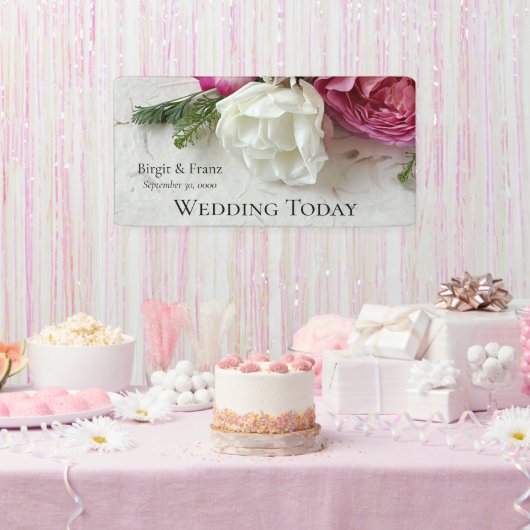 Roze en witte rozen spandoek (Feest)