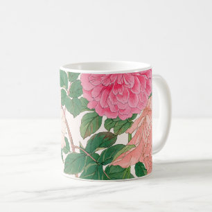 Roze en witte rozenbloemen met groene bladeren koffiemok