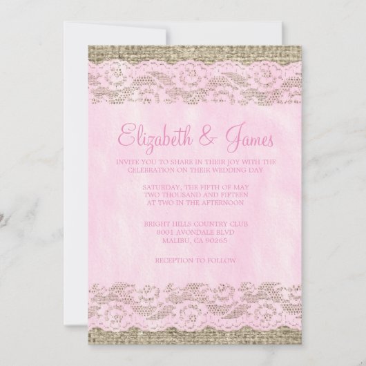 Roze en Witte Rustic Lace Wedding Invitations Kaart (Voorkant)