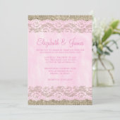 Roze en Witte Rustic Lace Wedding Invitations Kaart (Staand voorkant)