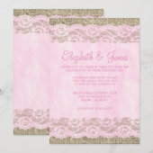 Roze en Witte Rustic Lace Wedding Invitations Kaart (Voorkant / Achterkant)
