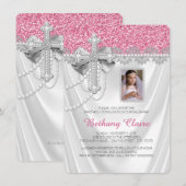 Roze en witte satijnen glitter eerste communie kaart (Voorkant / Achterkant)