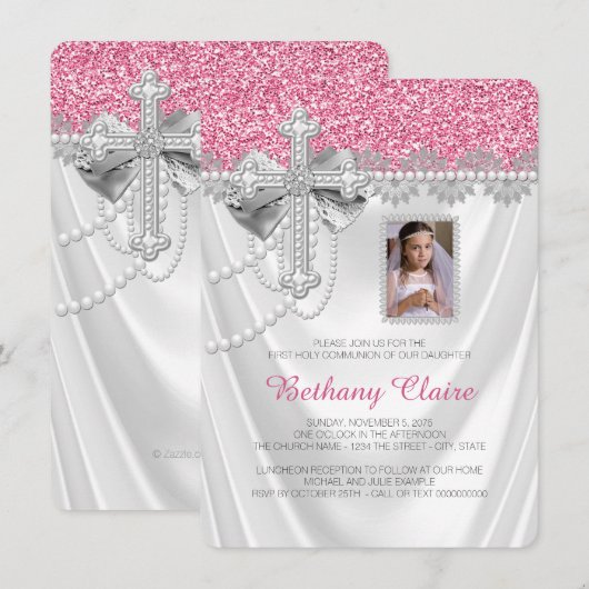 Roze en witte satijnen glitter eerste communie kaart (Voorkant / Achterkant)
