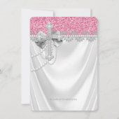 Roze en witte satijnen glitter eerste communie kaart (Achterkant)