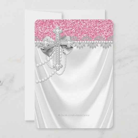 Roze en witte satijnen glitter eerste communie kaart (Achterkant)